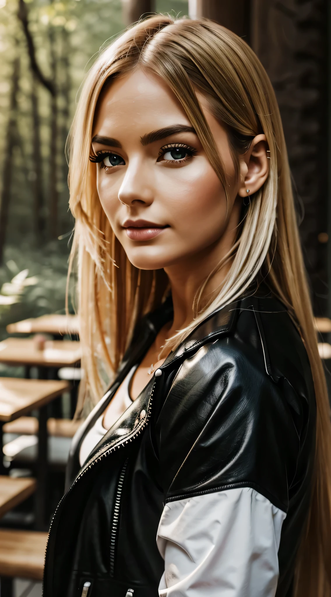 a red top and black jacket blond girl sitting in restaurant a sserafimsakura, perfect eyes, (ultra realistic:1.5), (standing in forest:1.2), (close-up photo:1.5), (black paladin armor:1.2), (intricate:1.2), (looking at camera:1.2), (best quality:1.2),