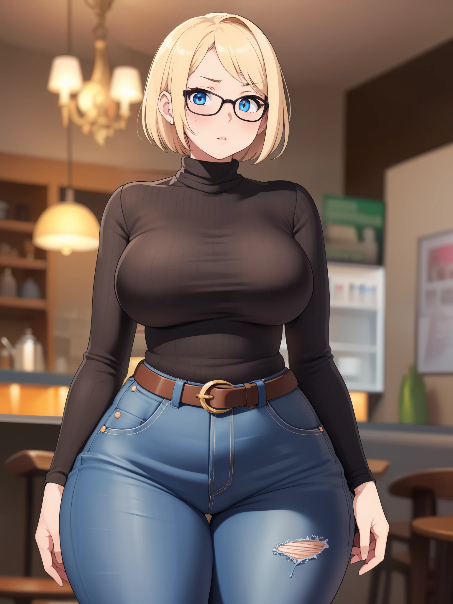 ((Masterpiece)), perfect anatomy, perfect shading, field of depth, (best quality), extremely delicate and beautiful, perfect lighting, detailed face, ultra cute face, cute, (cowboy shot 1.2), full body, (((1girl))), ((solo)), looking at viewer,

short hair, fluffy hair, blonde hair, blue eyes, Glasses, ((blush)), shy, nervous (black turtleneck sweater 1.5), (jeans 1.2), belt, extremely tight clothes, medium breasts, ((wide hips)), (((thick thighs))), ((curvy)),

cafe, intricate background, detailed background, hand on hip, holding coffee cup,