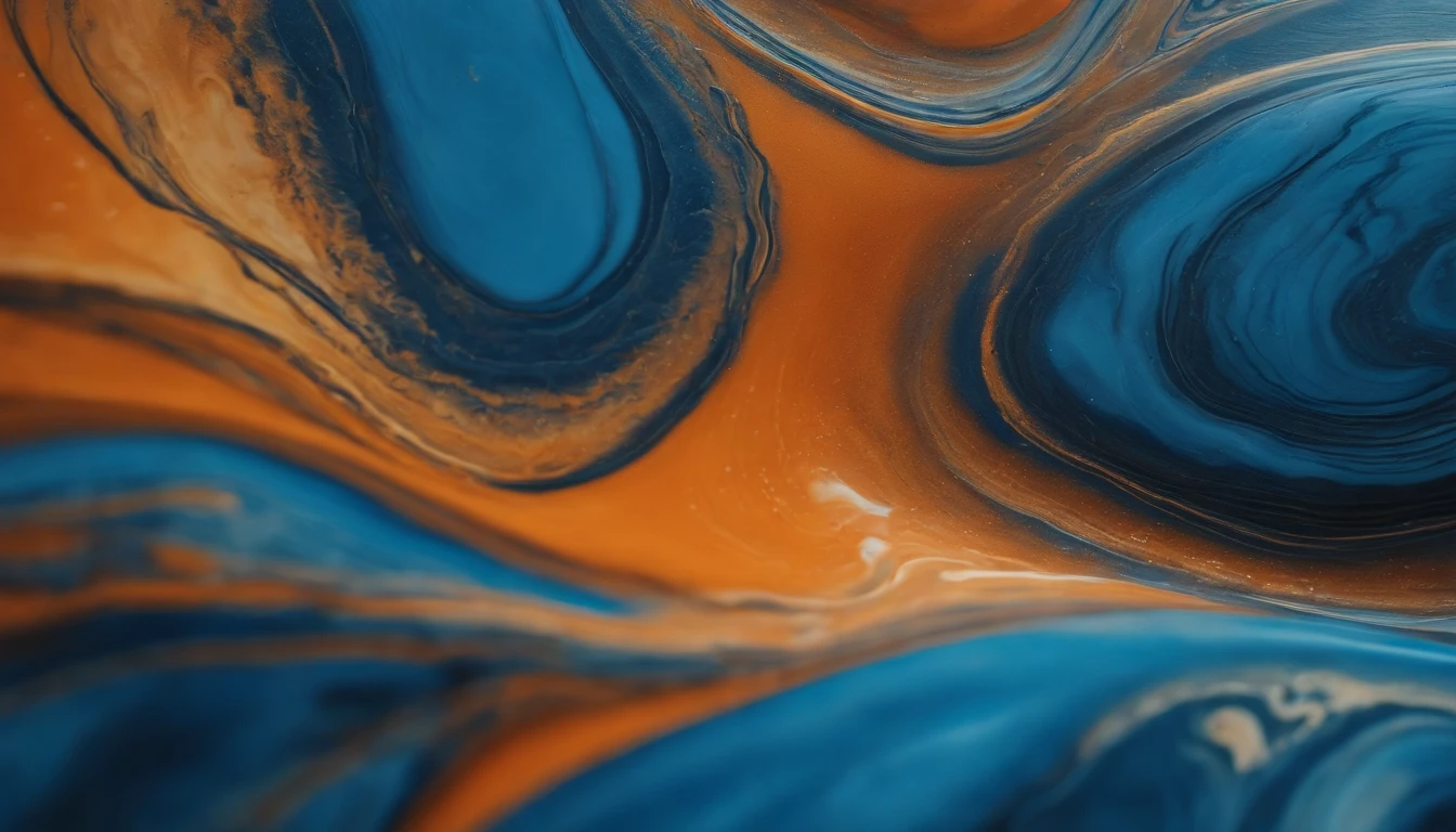 a detail shot of an abstract acrylic paint background in blue and orange tones, focusing on the intricate details and delicate lines formed by the liquid marble texture