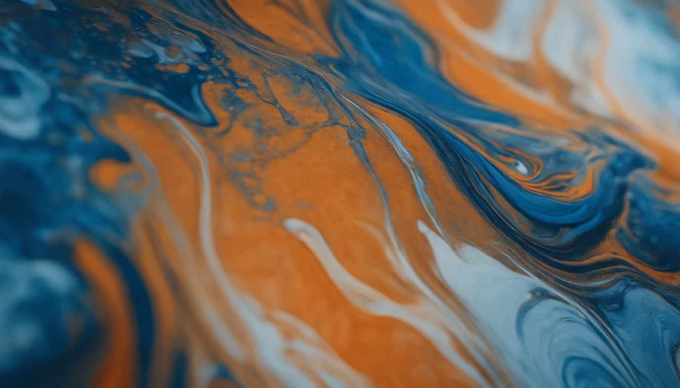 a detail shot of an abstract acrylic paint background in blue and orange tones, focusing on the intricate details and delicate lines formed by the liquid marble texture