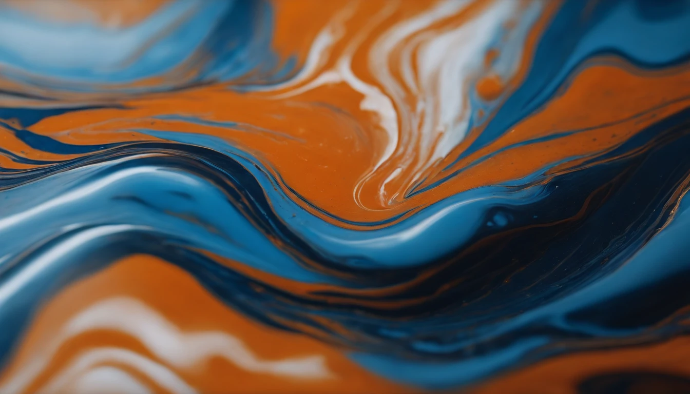 a creative shot of an abstract acrylic paint background in blue and orange tones, framing the composition in a way that highlights the organic and natural feel of the liquid marble texture