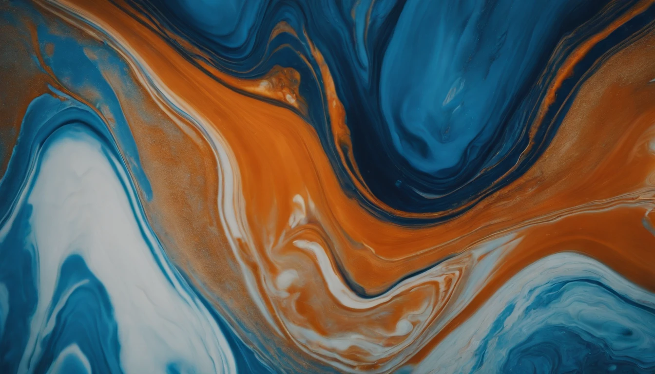 a creative shot of an abstract acrylic paint background in blue and orange tones, framing the composition in a way that highlights the organic and natural feel of the liquid marble texture