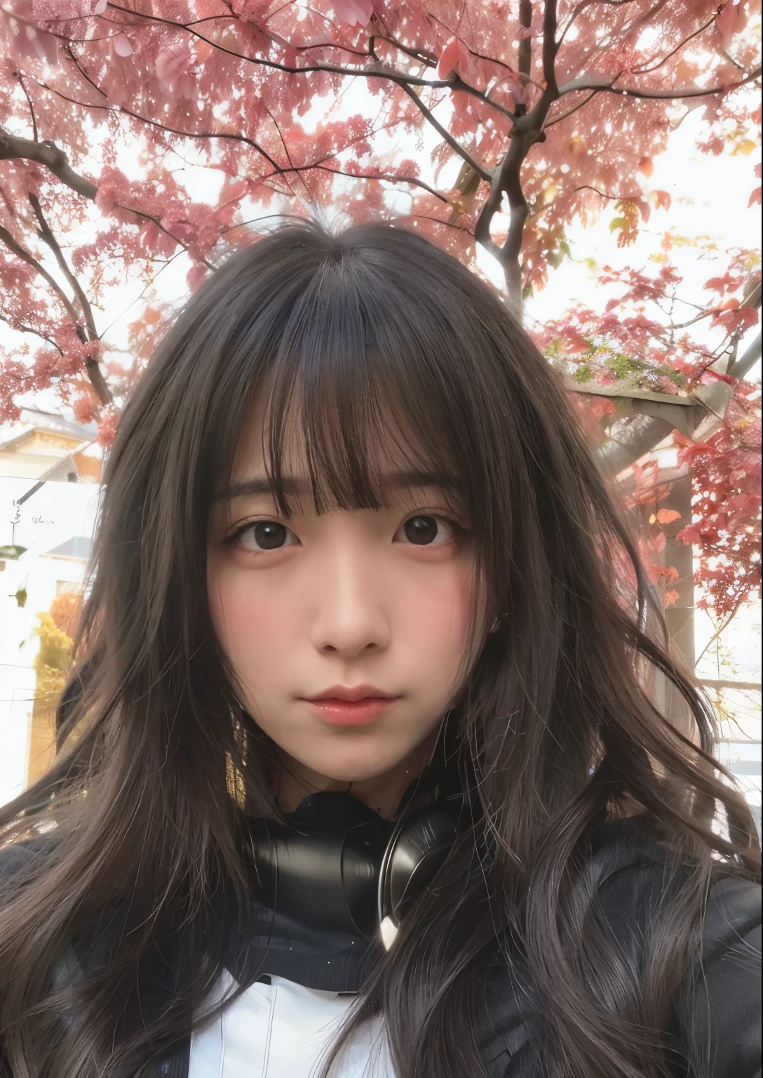 airy woman with headphones in front of a tree, neat hair com franja, franja e cabelos ondulados, Chiho, com franja, Yoshitomo Nara, Fotografia selfie 8k, Xintong Chen, black wavy hair com franja, Menina anime na vida real, Sakura Kinomoto, franja fofa, selfie de uma jovem mulher