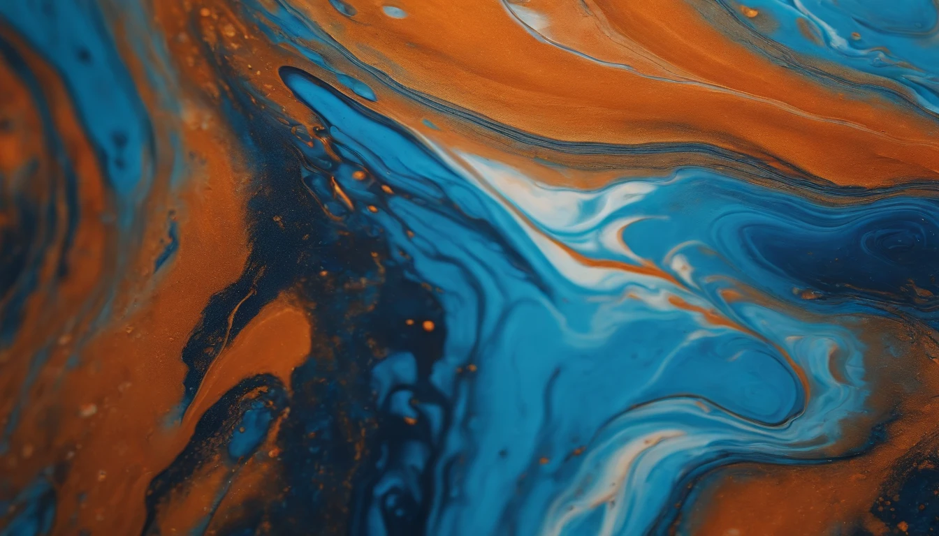 a close-up shot of an abstract acrylic paint background in blue and orange tones, showcasing the rich and vibrant colors, as well as the mesmerizing patterns created by the liquid marble texture