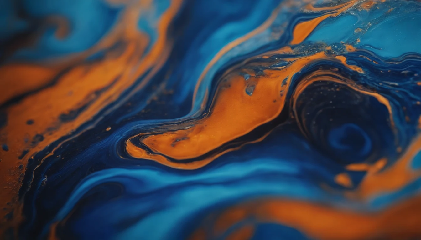 a close-up shot of an abstract acrylic paint background in blue and orange tones, showcasing the rich and vibrant colors, as well as the mesmerizing patterns created by the liquid marble texture