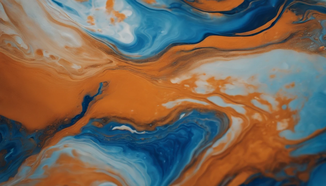 a close-up shot of an abstract acrylic paint background in blue and orange tones, showcasing the rich and vibrant colors, as well as the mesmerizing patterns created by the liquid marble texture
