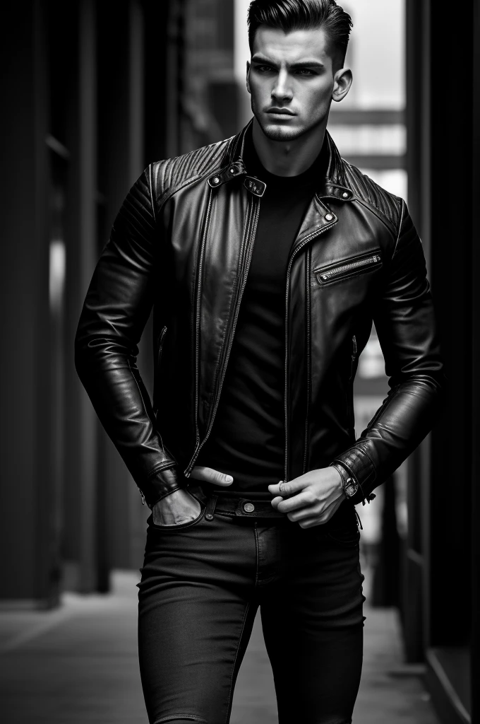 bad boy model, Josh Upshaw, Carolina Herrera advertisement, high fashion, stylish, confident, masculine, intense gaze, perfect complexion, sculpted jawline, piercing eyes, strong eyebrows, chiseled features, fashionable outfit, leather jacket, dark jeans, stylish sneakers, urban backdrop, moody lighting, cinematic atmosphere, black and white photography