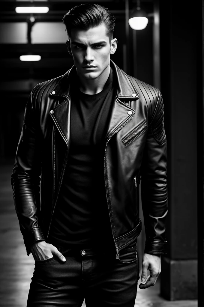 bad boy model, Josh Upshaw, Carolina Herrera advertisement, high fashion, stylish, confident, masculine, intense gaze, perfect complexion, sculpted jawline, piercing eyes, strong eyebrows, chiseled features, fashionable outfit, leather jacket, dark jeans, stylish sneakers, urban backdrop, moody lighting, cinematic atmosphere, black and white photography