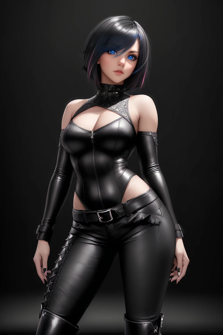beautiful girl, ((standing:1.4)), (confident gaze:1.1), short bright neon streaked black hair, ((realistic highly detailed eyes:1.4)), ((seductive pose:1.2)), black eyeshadow, (street style wear:1.2), ((tight fitted pants)), ((knee high leather boots)), (dark city night black background:1.4), dark makeup, digital art, trending on artstation, highly detailed, fine detail, intricate, detailed facial features, sharp focus, smooth, aesthetic,(dark plain black background:1.4))