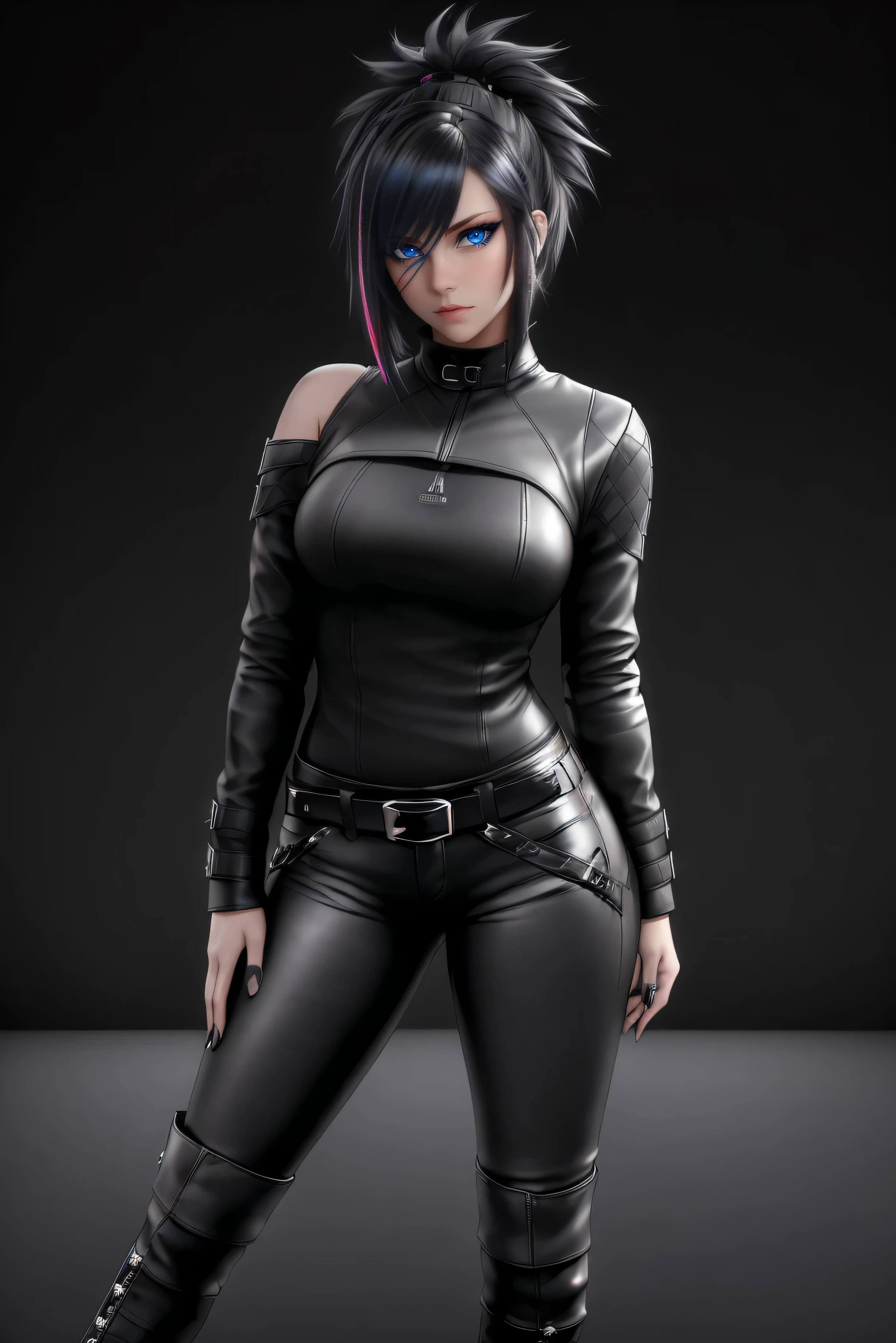 beautiful girl, ((standing:1.4)), (confident gaze:1.1), short bright neon streaked black hair, ((realistic highly detailed eyes:1.4)), ((seductive pose:1.2)), black eyeshadow, (street style wear:1.2), ((tight fitted pants)), ((knee high leather boots)), (dark city night black background:1.4), dark makeup, digital art, trending on artstation, highly detailed, fine detail, intricate, detailed facial features, sharp focus, smooth, aesthetic,(dark plain black background:1.4))