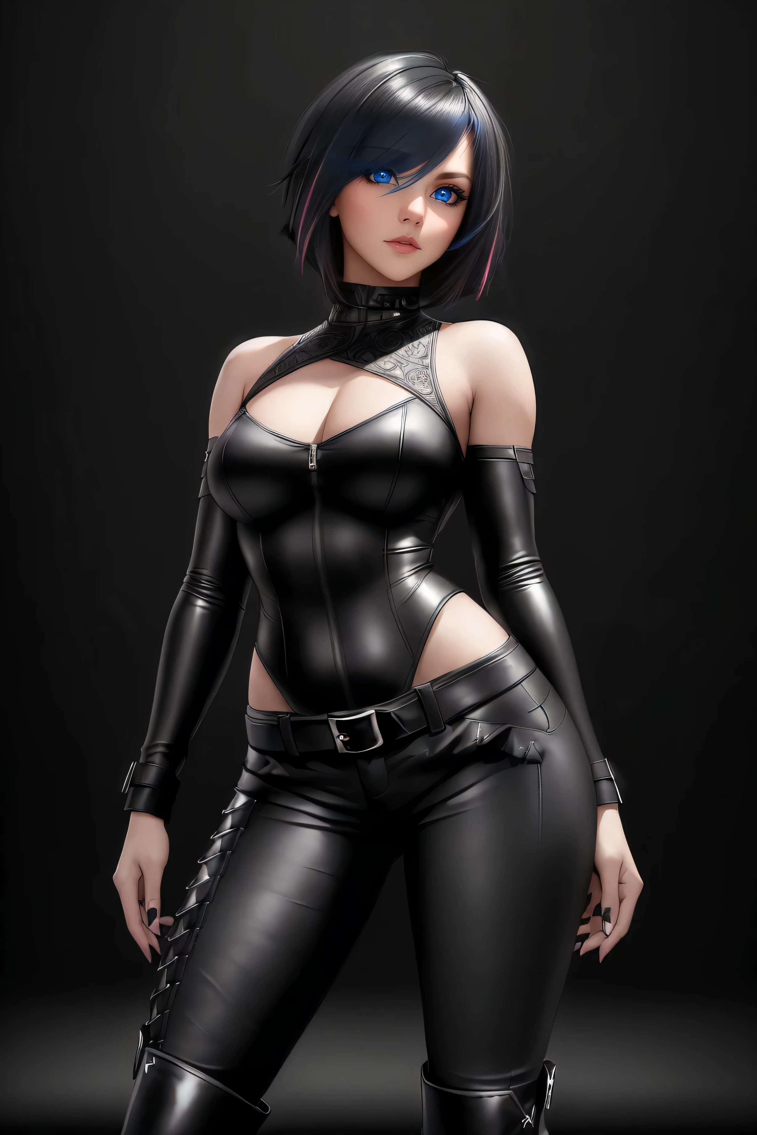 beautiful girl, ((standing:1.4)), (confident gaze:1.1), short bright neon streaked black hair, ((realistic highly detailed eyes:1.4)), ((seductive pose:1.2)), black eyeshadow, (street style wear:1.2), ((tight fitted pants)), ((knee high leather boots)), (dark city night black background:1.4), dark makeup, digital art, trending on artstation, highly detailed, fine detail, intricate, detailed facial features, sharp focus, smooth, aesthetic,(dark plain black background:1.4))