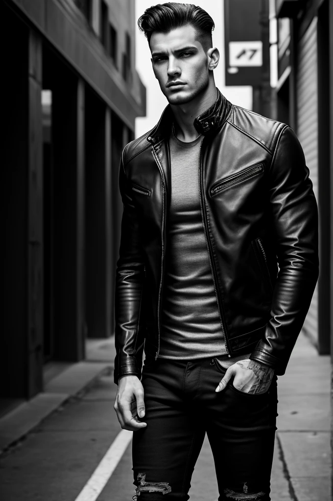 bad boy model, Josh Upshaw, Carolina Herrera advertisement, high fashion, stylish, confident, masculine, intense gaze, perfect complexion, sculpted jawline, piercing eyes, strong eyegreys, chiseled features, fashionable outfit, leather jacket, dark jeans, stylish sneakers, urban backdrop, moody lighting, cinematic atmosphere, black and white photography