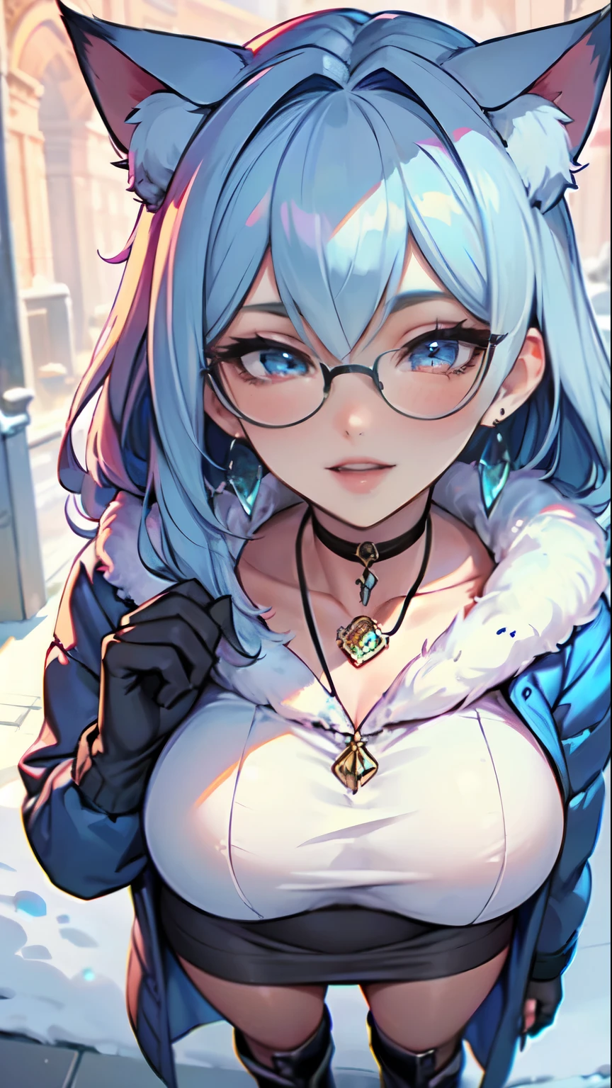 Masterpiece, beautiful art, professional artist, 8k, art style by sciamano240, very detailed face, very detailed hair, very detailed clothes, 1girl, perfectly drawn body, beautiful face, long hair, light blue hair , very detailed blue vertical cat eyes, square glasses, pouty lips , rosey cheeks, intricate details in eyes, extreme close up of face, see only head and neck, staring directly at viewer, wearing cute winter clothes, winter coat, necklace, choker, earrings, gloves, pencil skirt, black tigh boots, some freckles, big wide grin, in love with the viewer expression, sunny winter setting, pov standing outside kissing viewer,