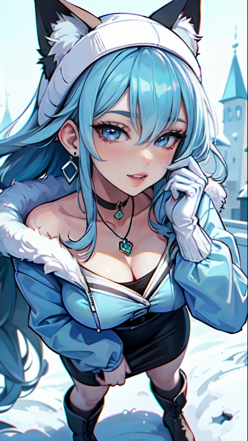 Masterpiece, beautiful art, professional artist, 8k, art style by sciamano240, very detailed face, very detailed hair, very detailed clothes, 1girl, perfectly drawn body, beautiful face, long hair, light blue hair , very detailed blue vertical cat eyes, square glasses, pouty lips , rosey cheeks, intricate details in eyes, extreme close up of face, see only head and neck, staring directly at viewer, wearing cute winter clothes, winter coat, necklace, choker, earrings, gloves, pencil skirt, black tigh boots, some freckles, big wide grin, in love with the viewer expression, sunny winter setting, pov standing outside kissing viewer,