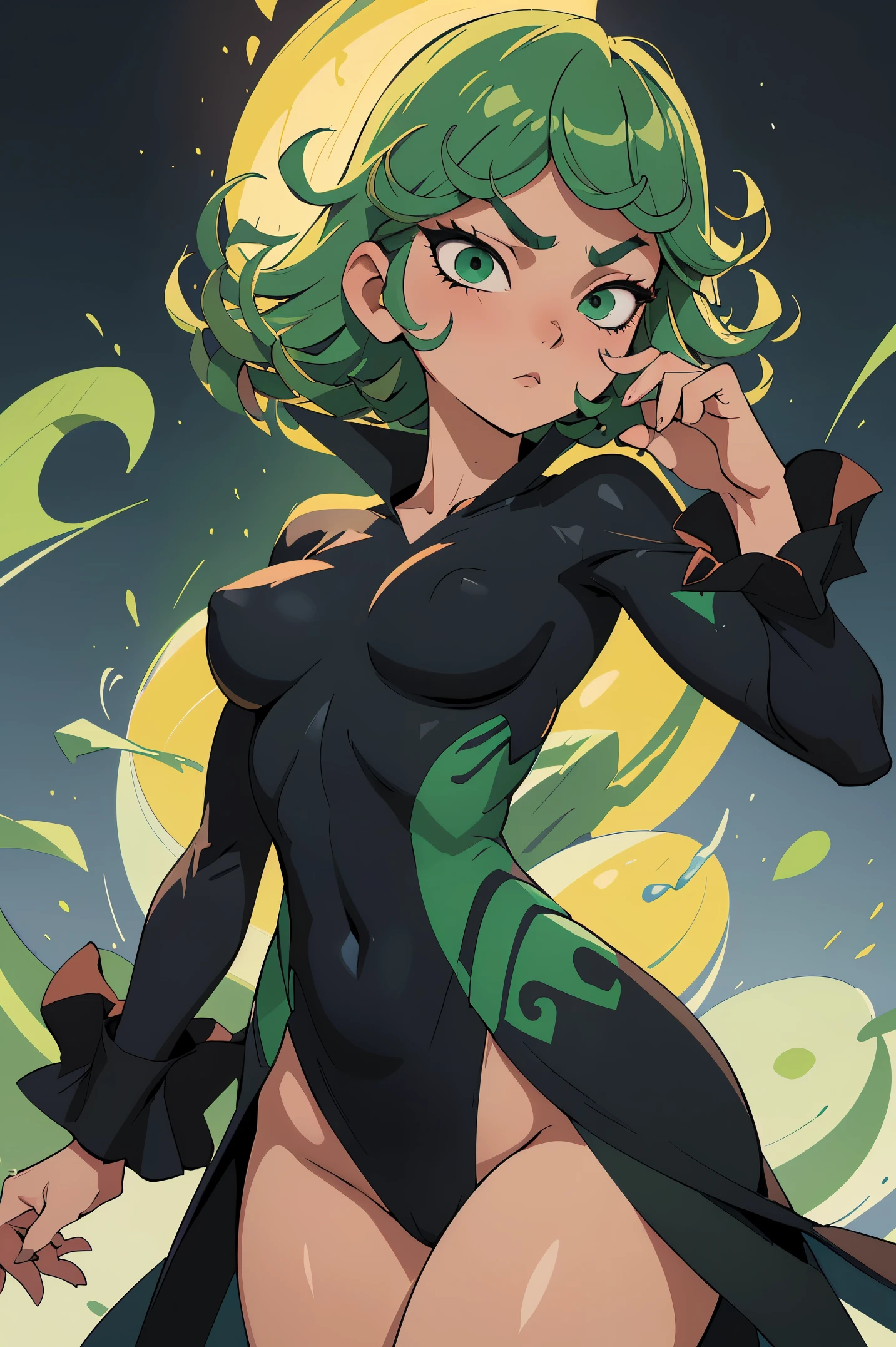 (master part, best quality), 1 cinta, beautiful face, Tatsumaki, vestir, Black vestir,middlebreasts,clivagem,Traje fora do ombro