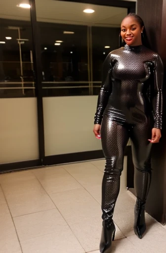 40 year old akilah female bodybuilder, big thighs, (fishnet catsuit), high heels, latex boots, walking out of hotel glass door, ((full body shot))