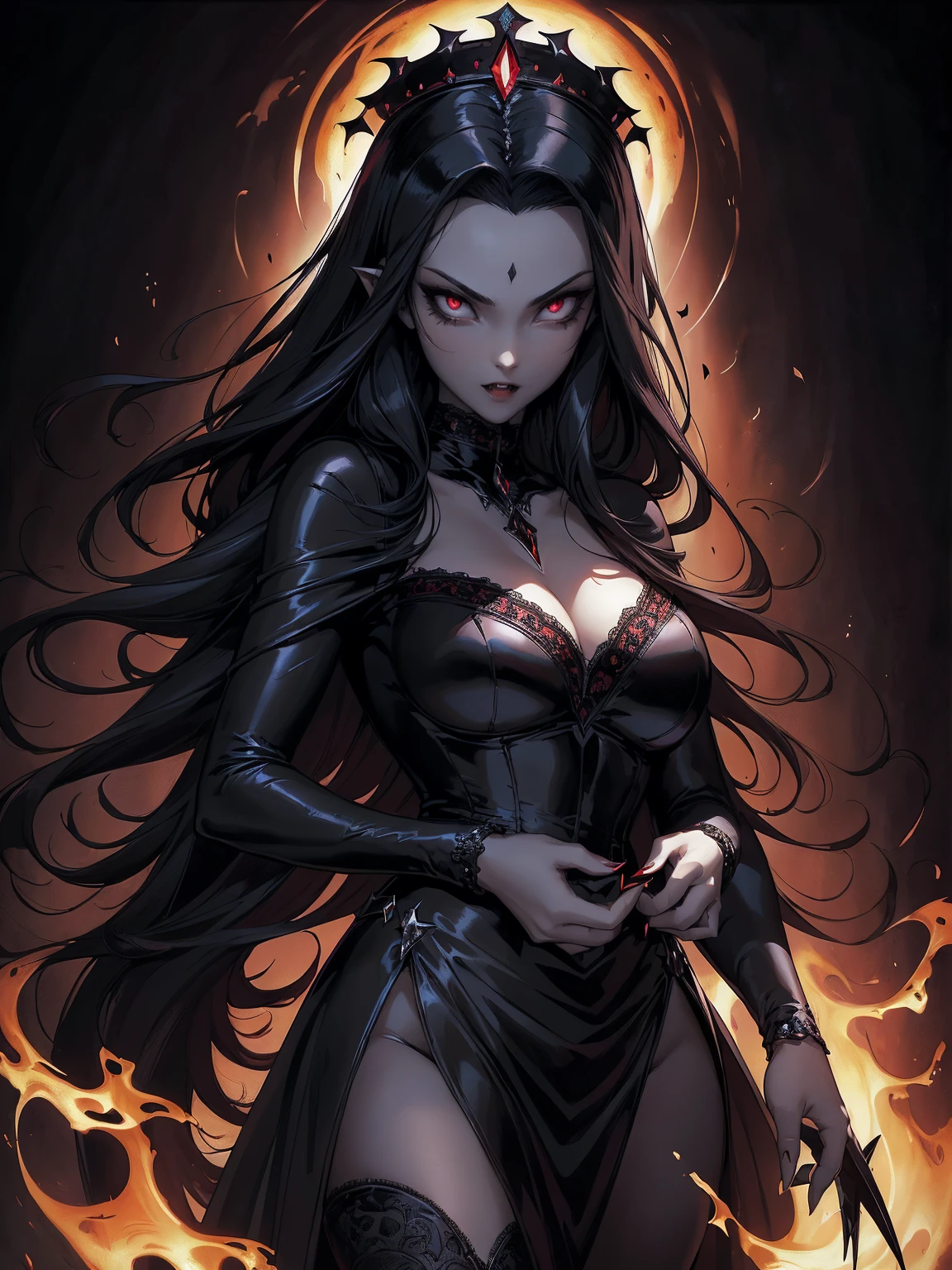 absurdres, ((stunning female Vampire))), goth Renaissance, (long black hair:1.erfect and detailed angular sharp oval shaped face, ((redeyes)), jewelry, red and black tetradic colors, full lips, gothic castle background, (solo), perfect anatomy, approaching perfection, ethereal, intricate details, ultra-high definition, 12k resolution, goth aesthetic, smooth, sharp focus, dreamy, glowing, backlit, glamour, glimmer, fantastical, shadows, smooth, Gothic crown, walking through flames of fire, illustration