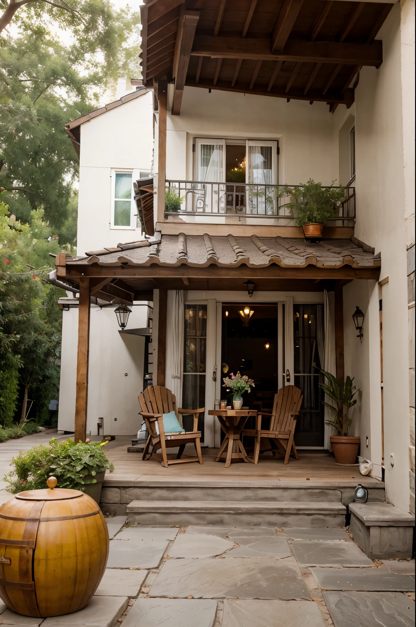 A small patio with vintage French tiki style