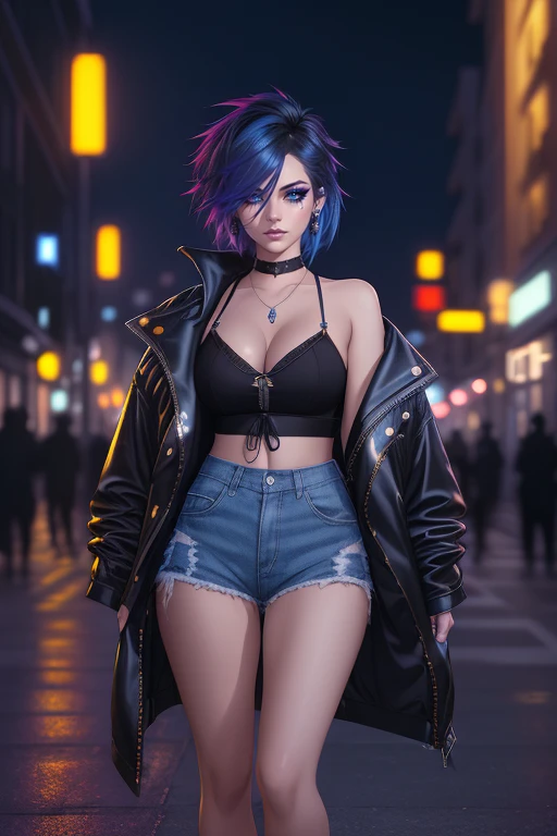 beautiful girl, full body, short bright blue dishevelled hair, black eyeshadow, (street style wear:1.2), (city night background:1.2), dark makeup, digital art, trending on artstation, highly detailed, fine detail, intricate, beautiful detailed glow, detailed, Cinematic light, high-res, detailed facial features, sharp focus, smooth, aesthetic,