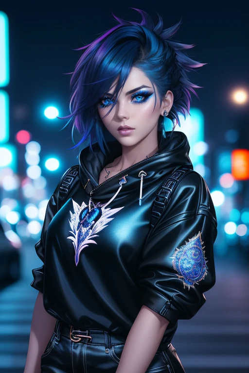 beautiful girl, full body, short bright blue dishevelled hair, black eyeshadow, (street style wear:1.2), (city night background:1.2), dark makeup, digital art, trending on artstation, highly detailed, fine detail, intricate,  beautiful detailed glow, detailed, Cinematic light, high-res, detailed facial features, sharp focus, smooth, aesthetic,