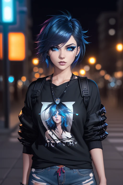 beautiful girl, full body, short bright blue dishevelled hair, black eyeshadow, (street style wear:1.2), (city night background:1.2), dark makeup, digital art, trending on artstation, highly detailed, fine detail, intricate,  beautiful detailed glow, detailed, Cinematic light, high-res, detailed facial features, sharp focus, smooth, aesthetic,