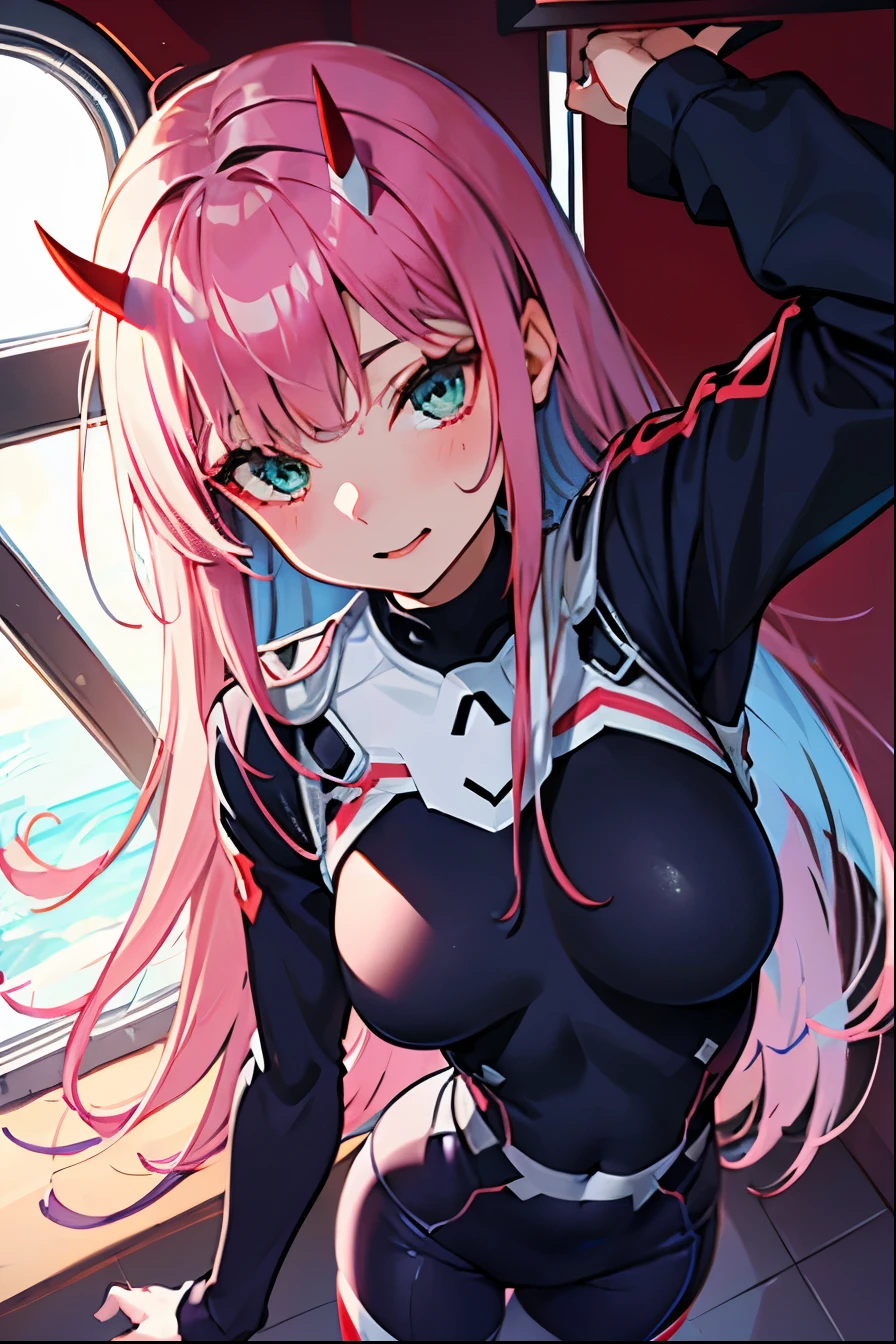 zero two \(darling on franxx\), darling on franxx, 1girl, fringe, selfie, bite, shadow, green eyes, hair behind head, horns, long hair, makeup, small breasts, pilot suit, white bodysuit, pink hair, red eyeshadow, science fiction, tight skin, solo