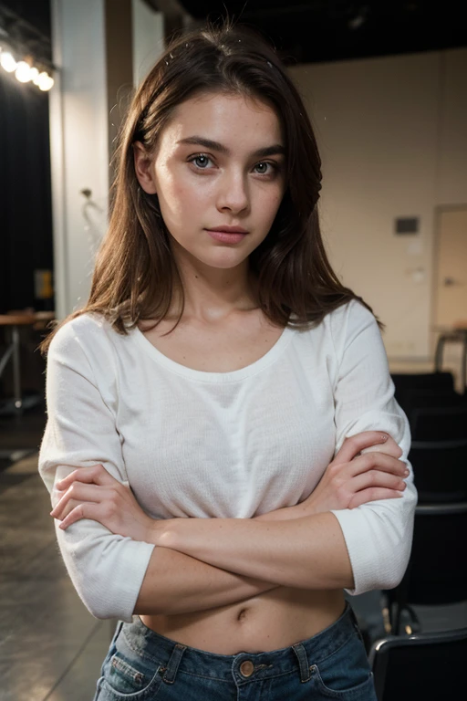 ((best quality)), ((masterpiece)), (detailed), perfect face, perfect eyes, A portrait photo of beautiful finnish girl, attractive face, wearing casual clothes, theatre background, theatre, hyper realistic photo, far shot, from head to toe full body, bright face