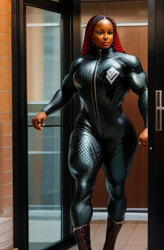40 year old akilah female bodybuilder, big thighs, (fishnet catsuit), high heels, latex boots, walking out of hotel glass door, ((full body shot))