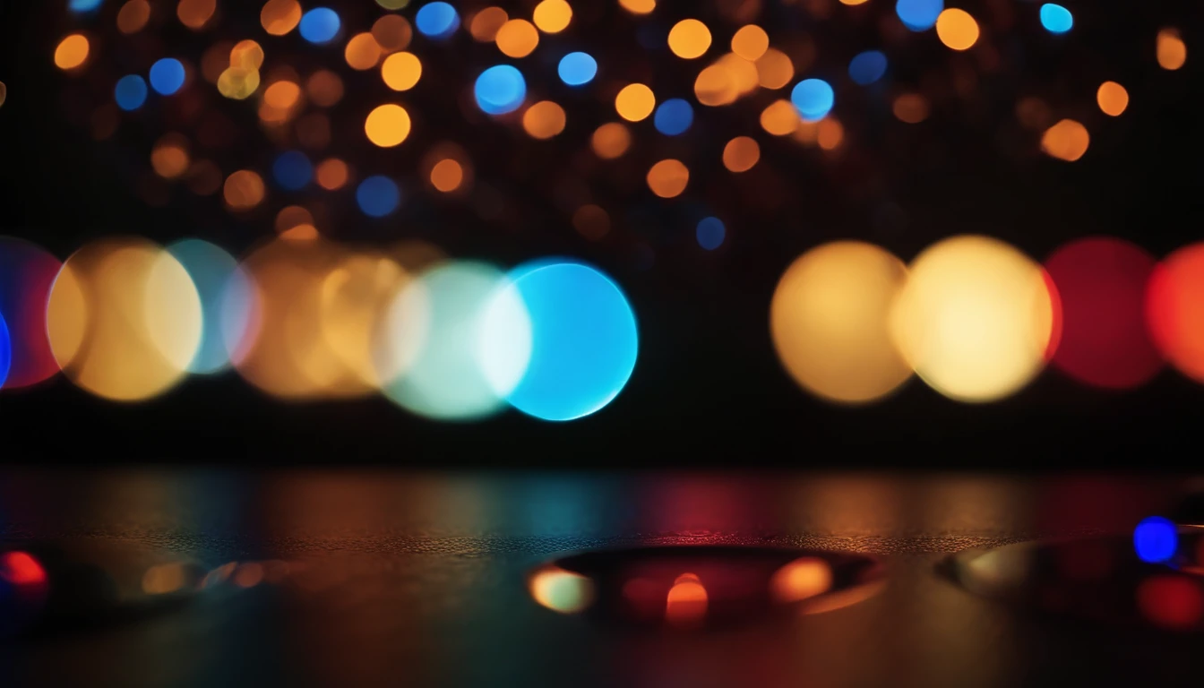 Capture a close-up shot of vibrant color bokeh against a dark background, focusing on the individual blurred circles and the range of colors present