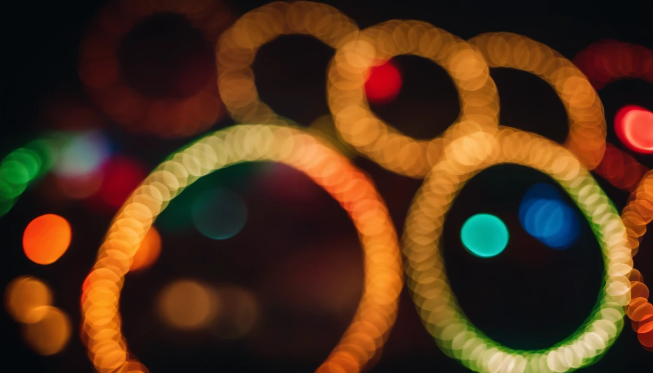 Capture a close-up shot of vibrant color bokeh against a dark background, focusing on the individual blurred circles and the range of colors present