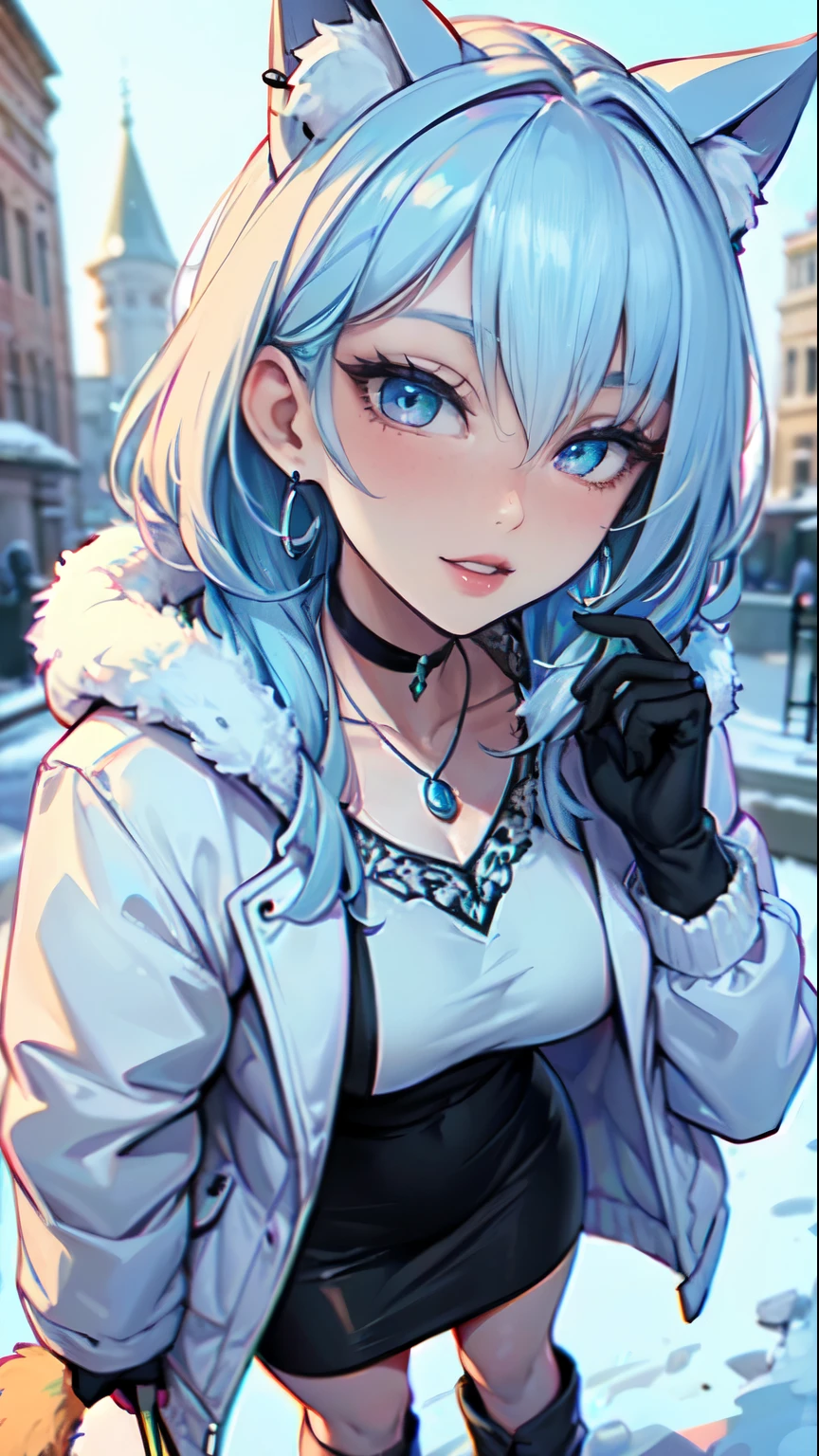 Masterpiece, beautiful art, professional artist, 8k, art style by sciamano240, very detailed face, very detailed hair, very detailed clothes, 1girl, perfectly drawn body, beautiful face, long hair, light blue hair , very detailed blue vertical cat eyes, square glasses, pouty lips , rosey cheeks, intricate details in eyes, extreme close up of face, see only head and neck, staring directly at viewer, wearing cute winter clothes, winter coat, necklace, choker, earrings, gloves, pencil skirt, black tigh boots, some freckles, big wide grin, in love with the viewer expression, sunny winter setting, pov standing outside walking with viewer,