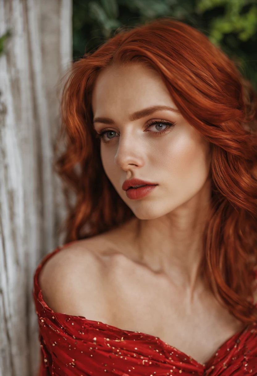 Gentle and beautiful girl, Zart und sexy , charmantes ovales Gesicht, rosarote Lippen, kleine Nase, red shiny hair , zusammen Gestecktes haar , 18 Jahre alt , Mehr Brust , mehr Ausschnitt , Schmeichelnd , completely body naked , Breasts are covered by red fine fabric,