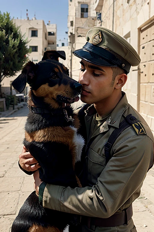 a palestinian gay soldier kissing a dog