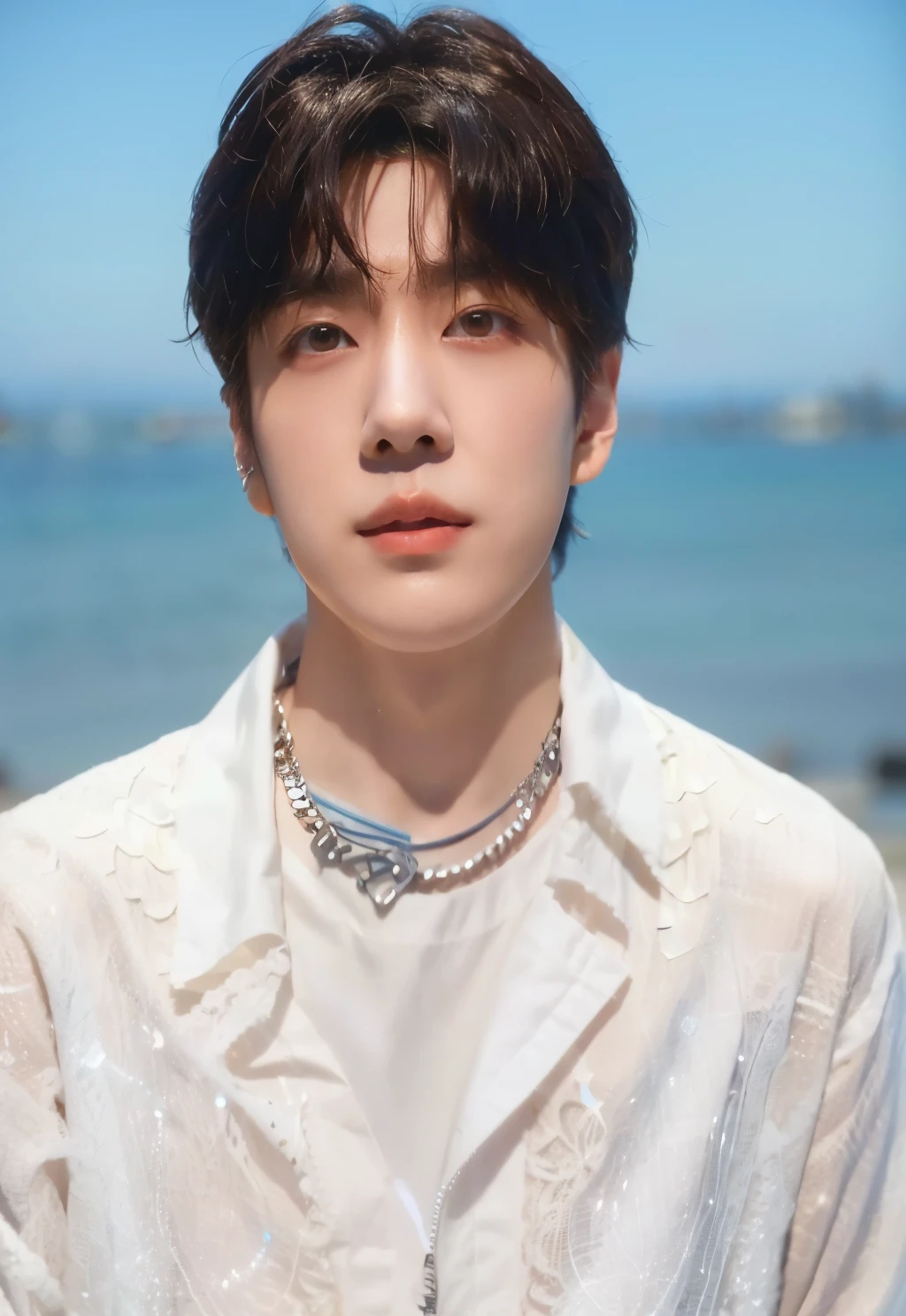 Un primer plano de una persona con una camisa blanca y un collar, Jung Jaehyun, Kim Doyoung, Cai Xukun, jungkook, Hyung Tae, Jinyoung Shin, Blade de Drain Gang, Taejune Kim, Yanjun Chengt, Jimin, delicate androgynous prince, Hyung Tae kim, Hong June Hyung, Shin Jeongho, park Jimin, identical to Chae hyungwon.