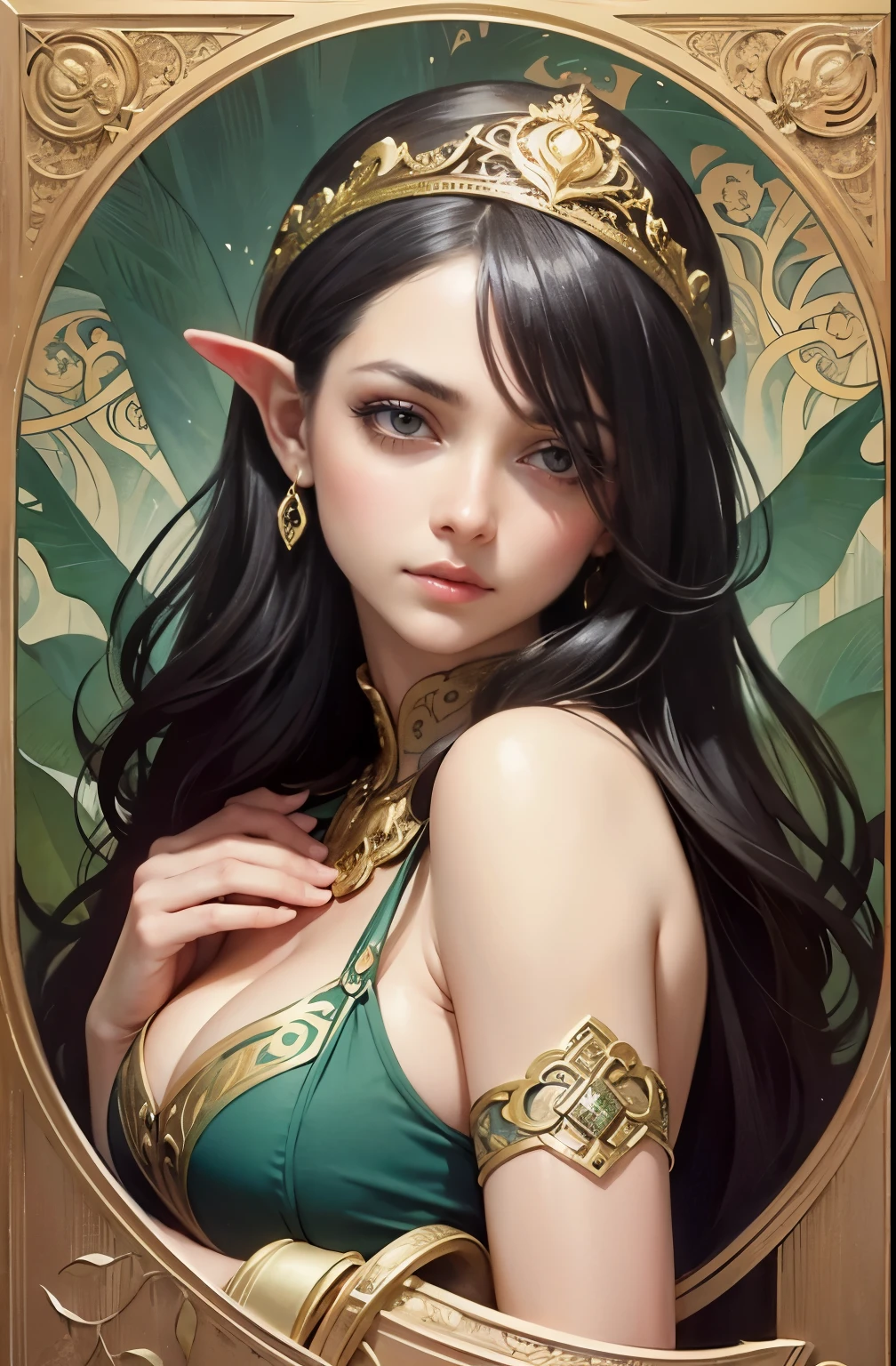 ((masterpiece)), (best quality), (cinematic),An watercolor paint ,1girl, A nymph, A mature sexy woman with large breasts, big eyes, long thick eyelashes, fair skin, full lips, green eyes, long thick far hair, surrounded by various mysterious and fantastical fairies. The woman is dressed sexy in a micro dress. There are two white fairies with large eyes and pointed ears around the woman. Two dark shadowy figures with cut-out eye holes seem to be looming behind the woman. A bare tree branch extends from behind, its leaves appearing to be falling or wilting. The entire scene is adorned by a beautifully decorated oval frame, featuring intricate designs and patterns in the style of Alphonse Mucha.