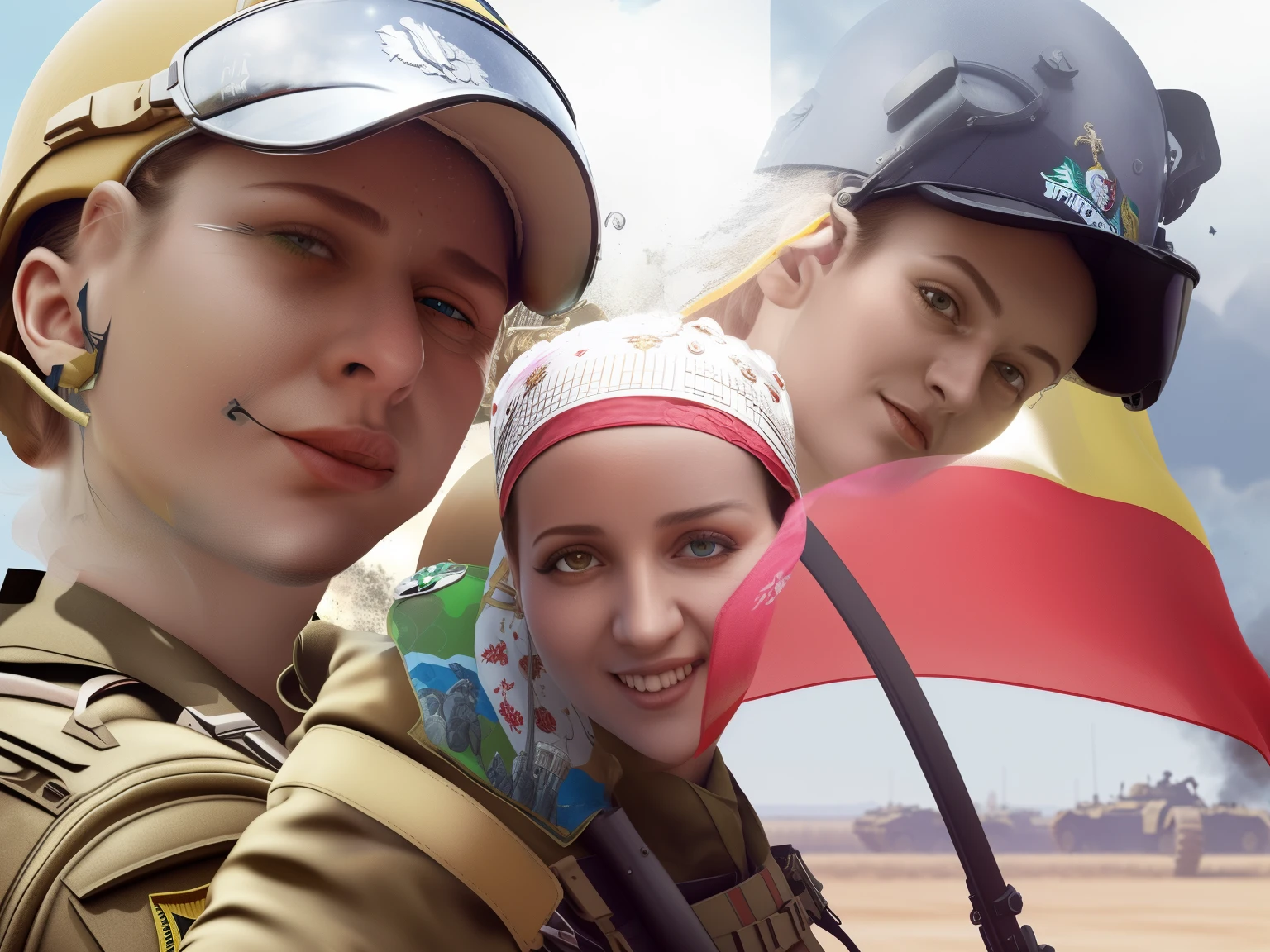 Ukrainian female soldier, parachute, Tanks in the background, explosions, fire, Sunglasses, Trending on ArtStation, Flag of Ukraine, sharp-focus, intricate details, Highly detailed, Trending on ArtStation, sharp-focus, studio photo, intricate details, Highly detailed, by Greg Rutkowsky