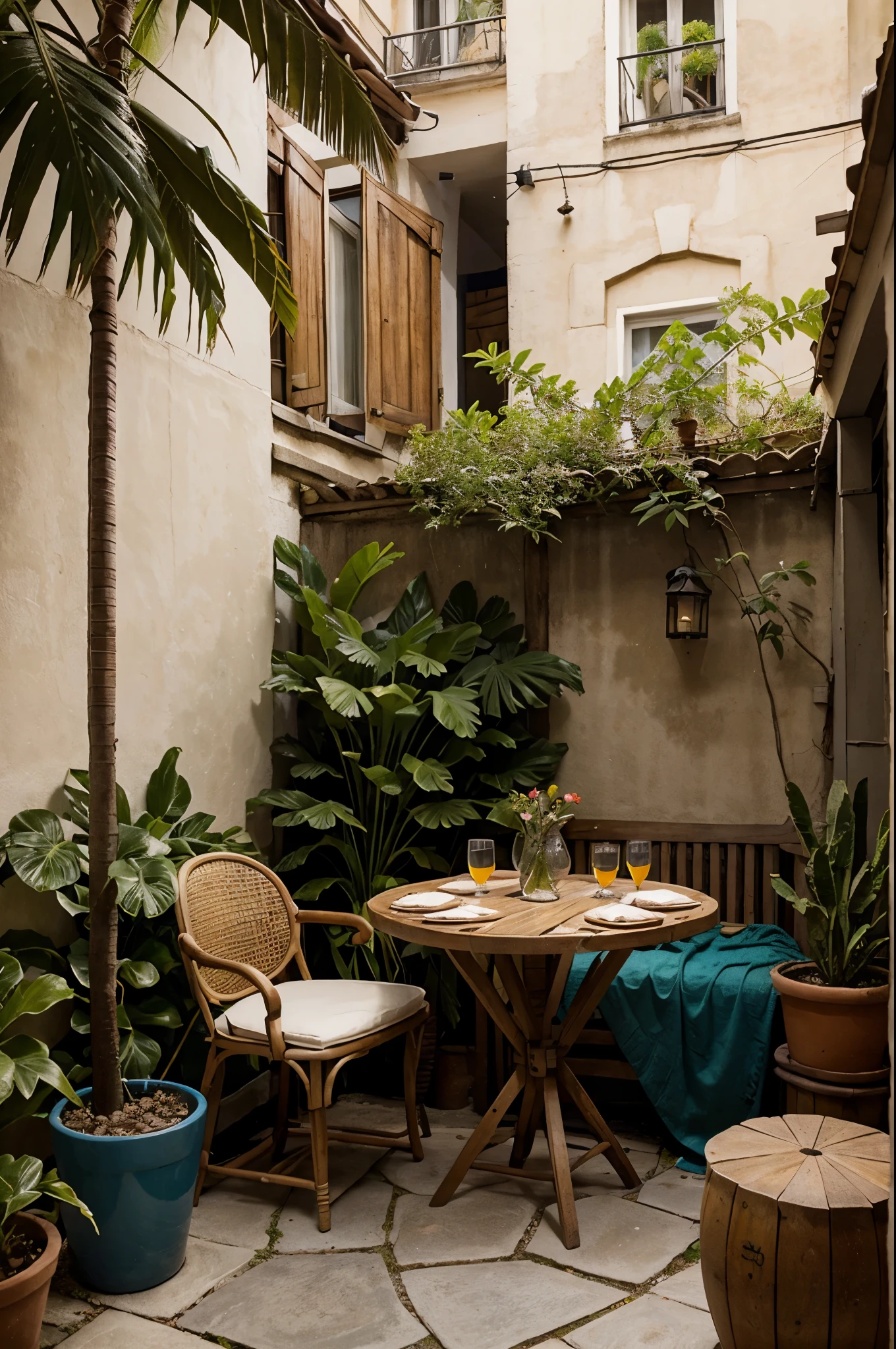Small patio with a tiki theme butake it vintage french and Italian
