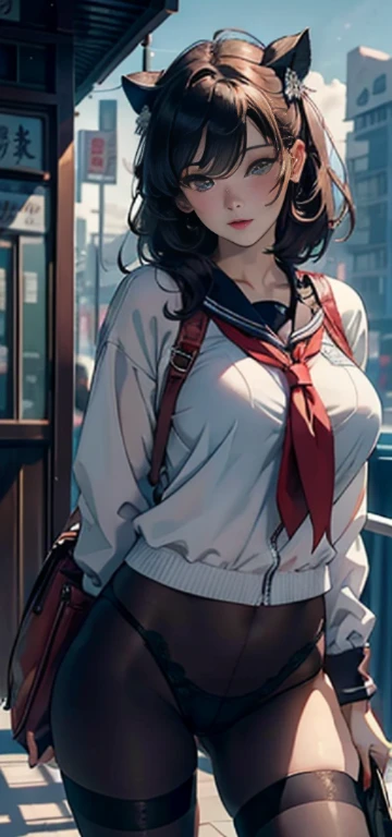 1female，35yo，plum，very huge big breasts， 独奏，（Background with：Huge machinery，warshipare，battleship，Huge robots，nevando） with short golden hair，bobo head，Standing at the bow of the ship，，seen from the front， hair straight， The sky is mostly cloudy，（（（tmasterpiece），（Very detailed CG unified 8k wallpaper），Best quality，电影灯光，detailed back ground，Beautiful and delicate right pupil，Snow-whiteskin，Redlip（Very delicate and beautiful），（Beautiful and detailed eyes description），ultra - detailed，tmasterpiece，））facing at the camera，A high resolution，ultra - detailed），violent weapon，  convex，legs are open，convex起性感，Camel toe skin color，longing unsatisfied，street frontage，Mare军，Snowflake decoration，elementary student（dressed in：red neckchief，a sailor suit，black pantyhoses）