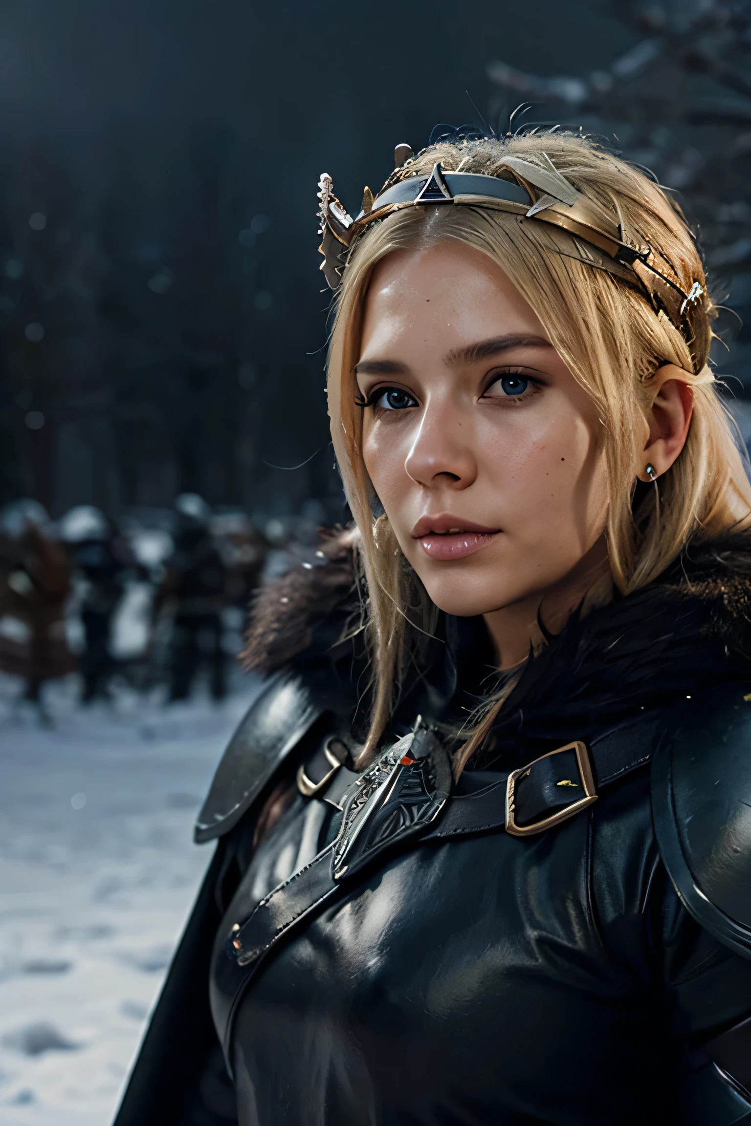 beautiful face, female fantasy soldier, black armor, fur cape, blonde hair, circlet crown, in a blizzard