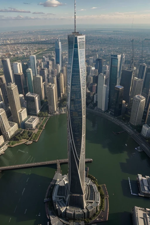 ((Better quality)), ((masterpiece)), (highly detailed:1.3), skyscraper 5 km high, look from above, you can't see top, glass facades