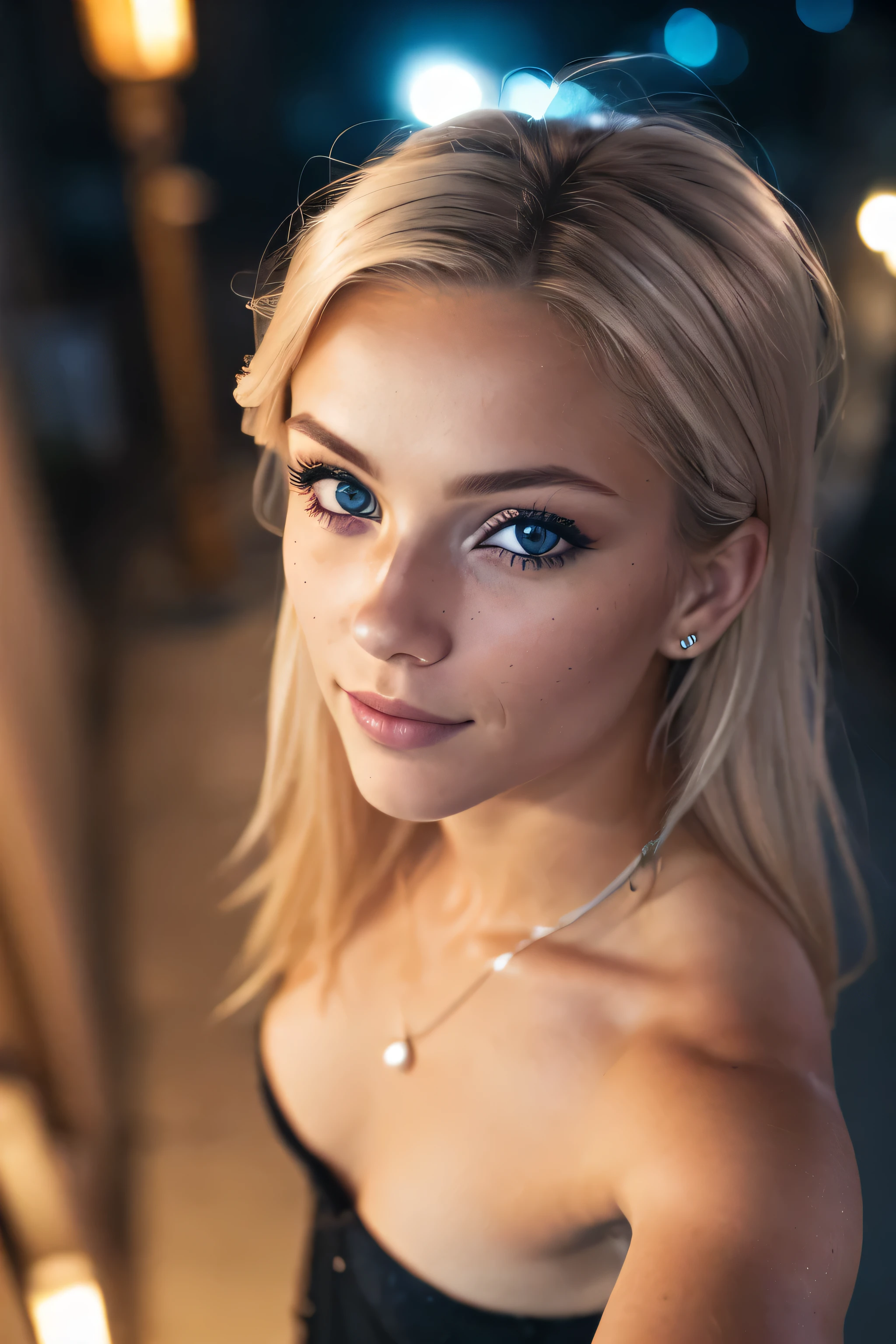 (selfie shot, from above:1.4), RAW uhd portrait photo of a 22-year-old blonde (blue-eyed woman) walking down a dark alleyway, small breast, nighttime city background, detailed (textures!, hair!, shine, color!!, imperfections:1.1), highly detailed glossy eyes, (looking at the camera), specular lighting, dslr, ultra quality, sharp focus, tack sharp, dof, film grain, (centered), crystal clear, center of frame, cute face, very skinny, sharp focus, street lamp, neon lights, bokeh, low key, at night, (night sky)  detailed skin pores, tan, intricate eye detail