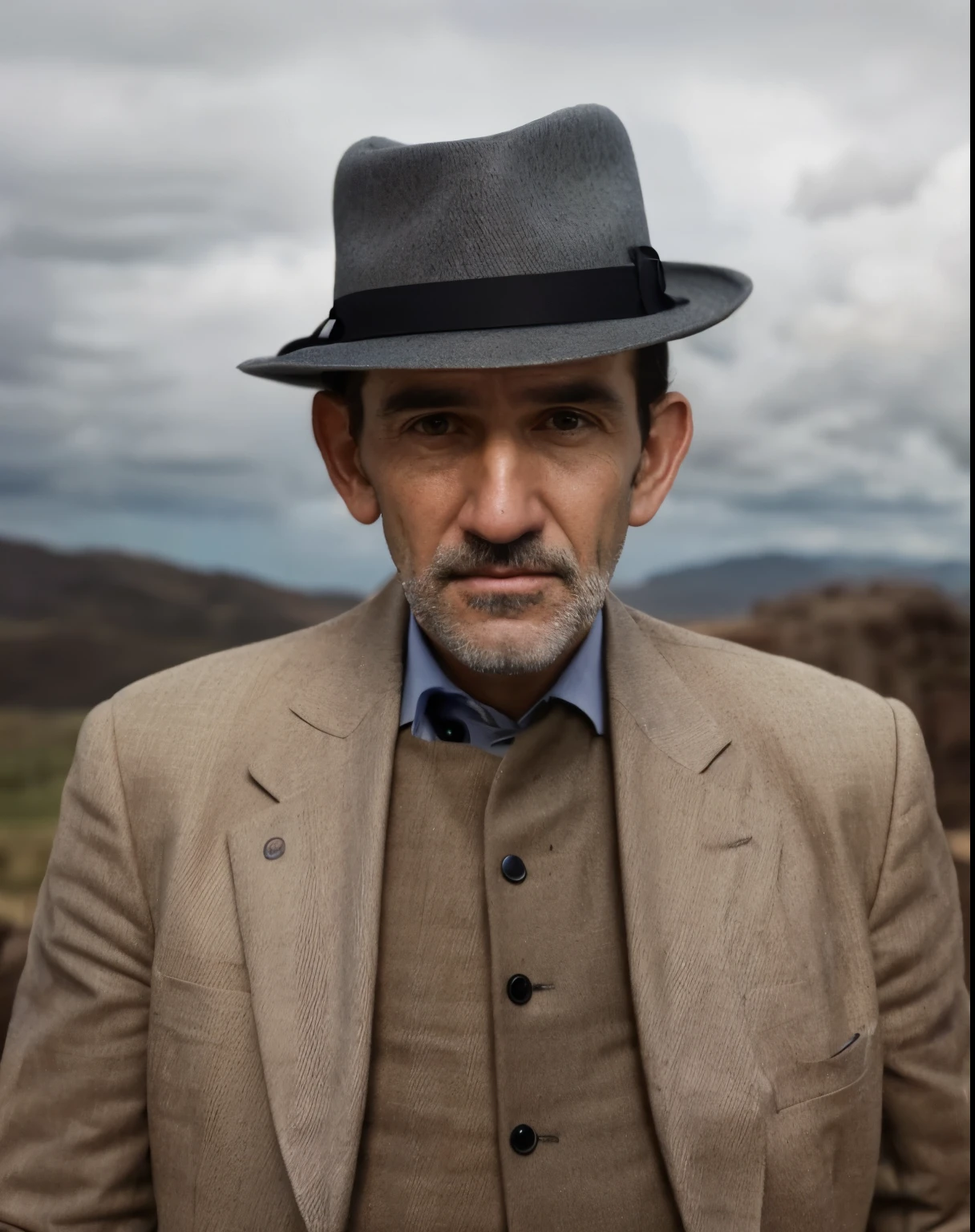 there is a man with a hat and a suit jacket, inspired by Oscar Rodríguez Naranjo, inspired by Hugo Simberg, inspired by Óscar Domínguez, inspired by Gianfredo Camesi, inspired by Carlos Saenz de Tejada, inspired by Antônio Parreiras, color portrait, a colorized photo