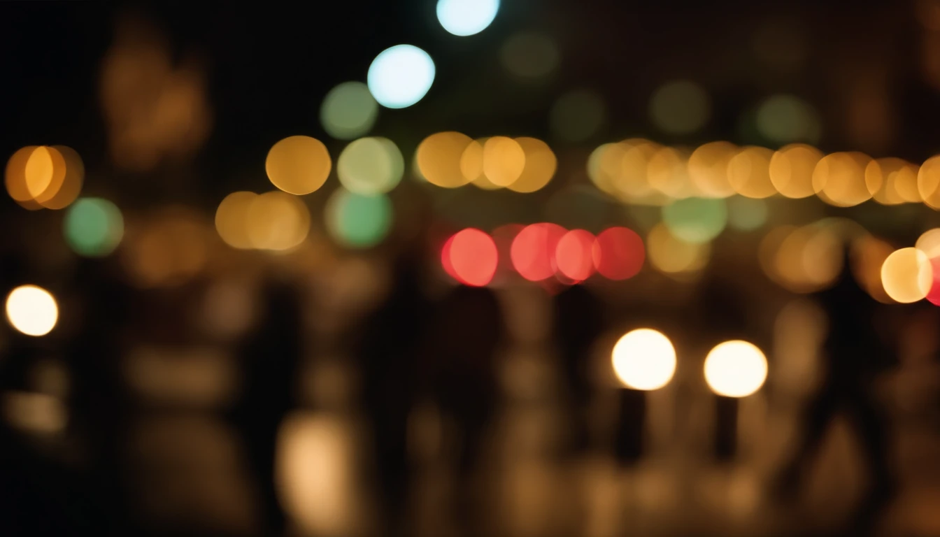 a dynamic action shot of color bokeh against a dark background, incorporating movement or motion blur to add a sense of energy and excitement to the composition.