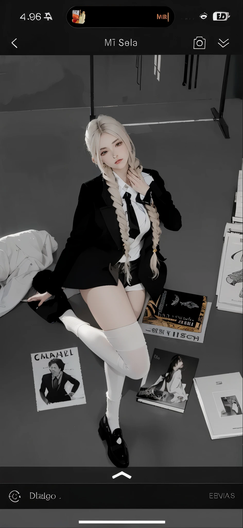 Hermosa piel detallada, cuerpo detallado, minifalda negra , medias blancas largas, blazer negro abierto, camisa escolar blanca corta con corbata, cabello rubio con dos trenzas, realista, calidad hd