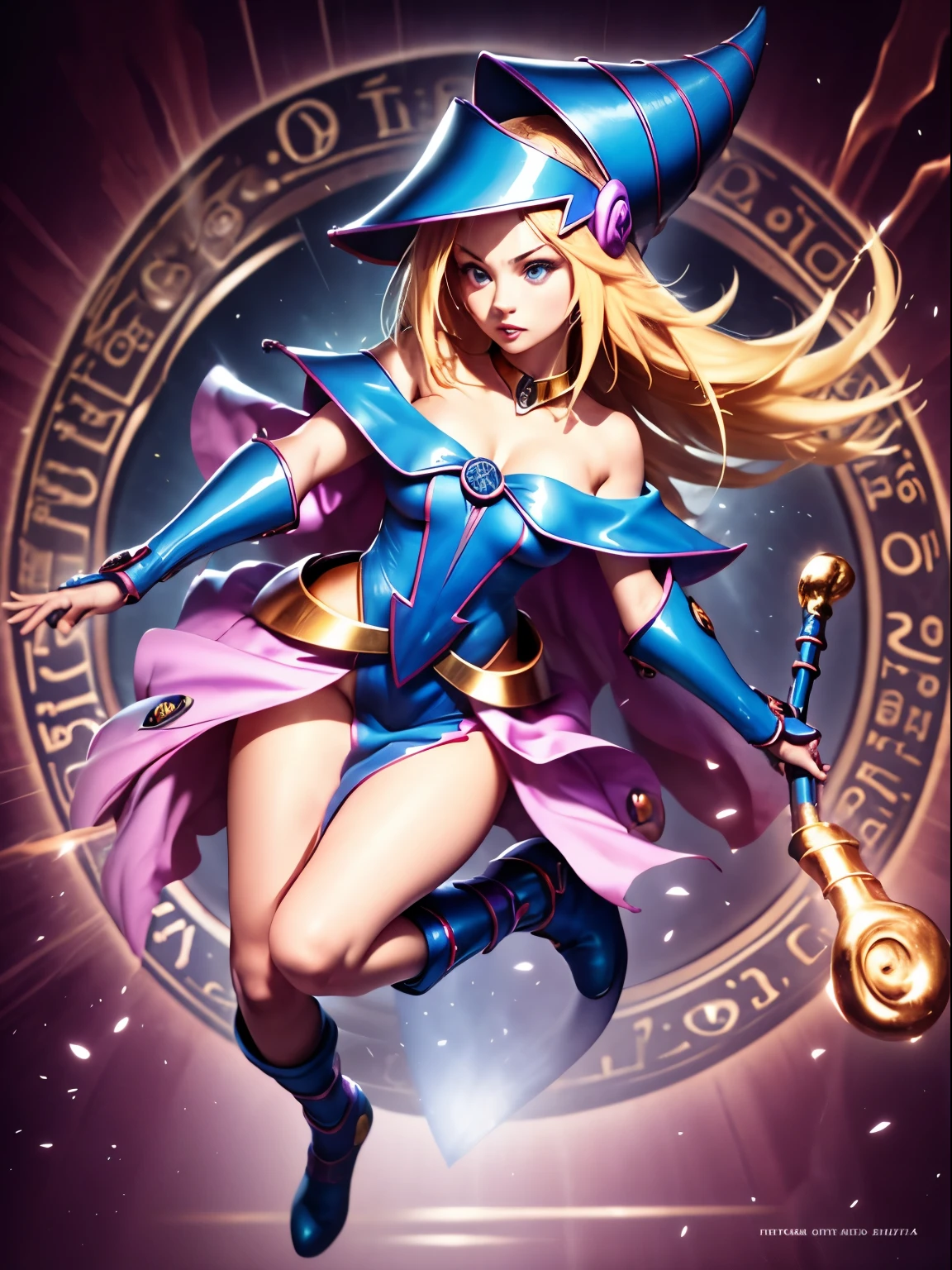 ultra-detailed, extremely detailed, masterpiece, highest quality, best quality, absurdres, highres, dark magician girl, (1girl:1.2), solo, detailed face, dynamic pose, hair flow, (full body:1.1),  blonde hair, long hair, looking at viewer, green eyes, skindentation, detailed skin, skin pores, (shiny skin, glossy skin:1.1), rosy skin details, breasts, nail polish, skirt, blue footwear, blue headwear, wizard hat, wand, holding hat, (blue panties:0.9), (summoning circle:1.1), hexagram, pentacle, pentagram, yu-gi-oh!, duel monster, purple magic field, glow, detailed background, intricate background,