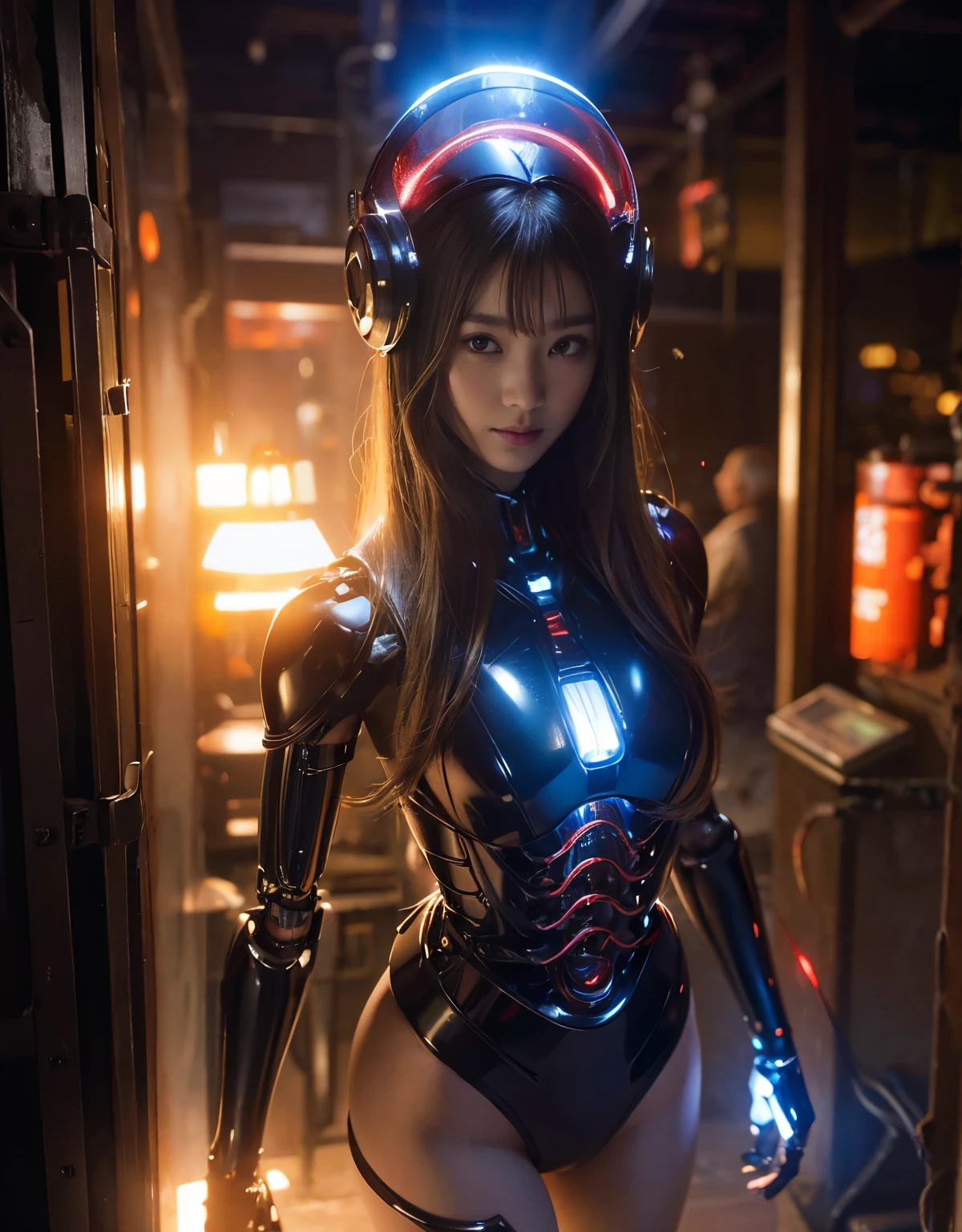 (Skimpy mechanical girl and alien background)、(Mystical expression)、top-quality、masterpiece、超A high resolution、(Photorealsitic:1.4)、Raw photo、女の子1人、glowy skin、(((1 Mechanical Girl)))、(red metalボディスーツ)、(Natural alien background to fight aliens)、(Small LED)、((super realistic details))、vertical giant monster background),globalillumination、Shadow、octan render、8K、ultrasharp、机器人の背景、Colossal tits、Raw skin exposed in the cleavage、red metal、Details of complex ornaments、Japan details、highly intricate detail、Realistic light、(Mystical expression),CG Society Trenlow Eyes、Eyes shining towards the camera、Mechanical marginal blood vessels connected to neon detail tubes)、(Wires and cables connecting to the head)、Small LED、,Mechanical thighs、Toostock、(Hands are also made of machines)、机器人、future alien、Please wear a mechanical helmet、