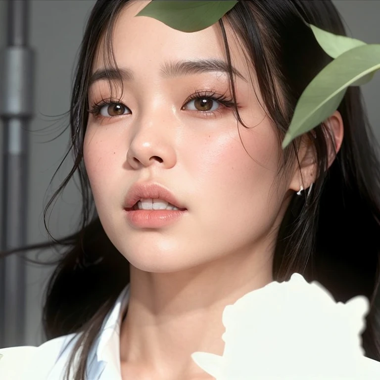 Un primer plano de una mujer con una flor en el pelo, Heonhwa Choe, Blackpink Jennie, photorealista beautiful face, Kwak Ji Joven, realista. Cheng Yi, photorealista!!!!!!! Artistic style, Lee Ji - Eun, Lee Ji-eun, Hermosa mujer surcoreana, photorealista digital painting, inspirado por Sim Sa-jeong, hwang se - on