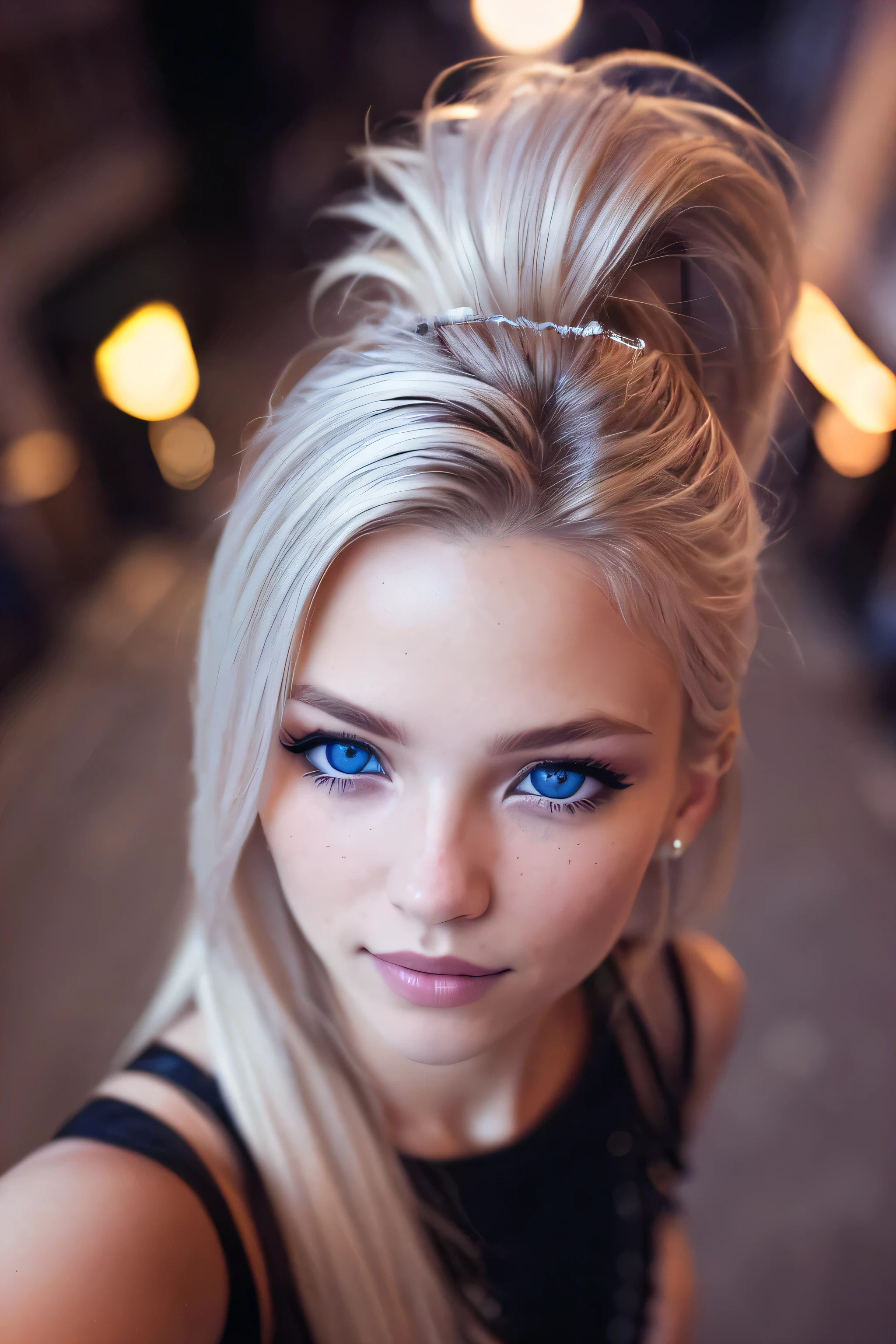 (selfie shot, from above:1.4), RAW uhd portrait photo of a 22-year-old blonde (blue-eyed woman) walking down a dark alleyway, small breast, nighttime city background, detailed (textures!, hair!, shine, color!!, imperfections:1.1), highly detailed glossy eyes, (looking at the camera), specular lighting, dslr, ultra quality, sharp focus, tack sharp, dof, film grain, (centered), crystal clear, center of frame, cute face, very skinny, sharp focus, street lamp, neon lights, bokeh, low key, at night, (night sky) detailed skin pores, tan, intricate eye detail