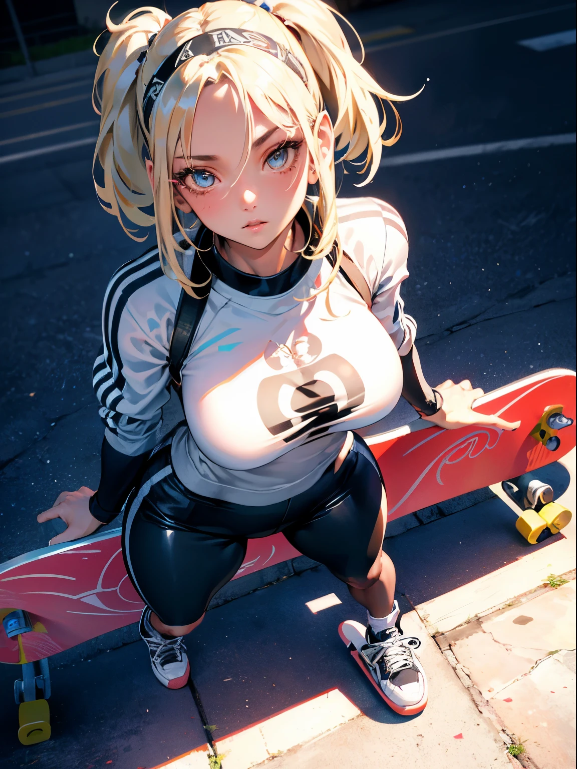 (Best Quality, masutepiece),ultra detailed photographic,1girl in, female skateboarder ,Large breasts,nice legs,Shoot the ball,At the skateboarding venue,Detailed beautiful face,Beautiful eyes,detailed hairs,detailed clothes,Detailed realistic skin,Cool,Dynamic Angle,from above