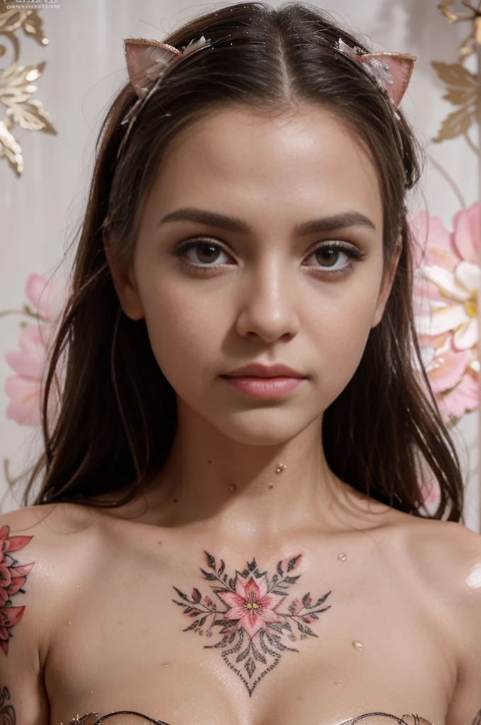 A Beautiful girl, wet big eyes, very long eyelashes, cat-like narrow highly detailed arrows, expressive eyes, expressive and pupils, glare and sparkle in the eyes, filigree symmetrical floral patterns-tattoos on the face, transformation, macro photography, haute couture, tenderness, noir, filigree details, metamorphoses of flowers, hyper-realistic, high quality, hyper-detailed, professional photo, red white pink tones, filigree, beautiful, body art of flowers, transparency photo, professional movie, professional picture, ultra detailed, ultra realistic, cinematic, sharp focus, bright light